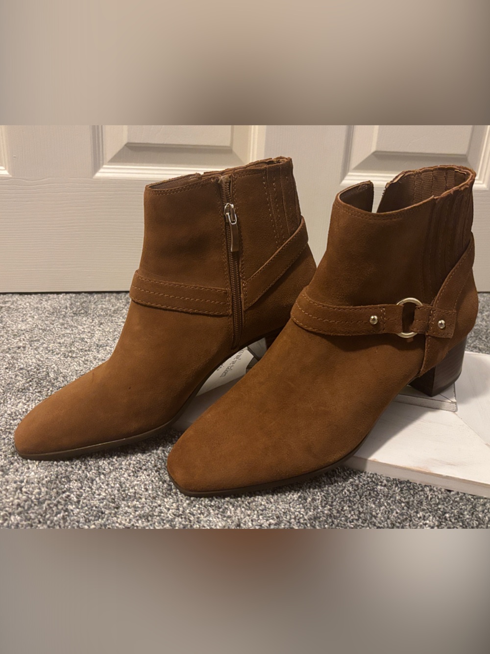 Essex Lane Jacey Brown Suede Moto Harness Ankle Boots Stacked Block Heel